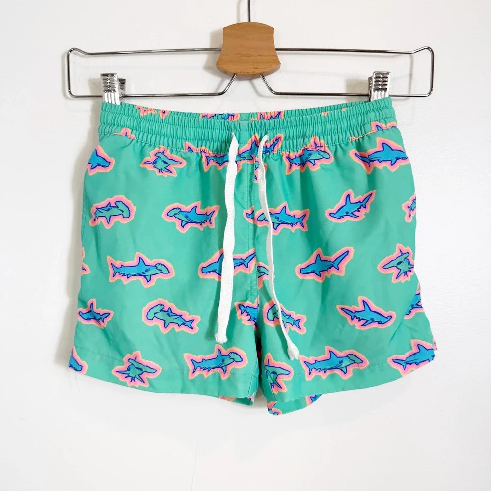 Chubbies Swim Trunks Boys Size S 8/9 Mint Green Neon Shark Print Mesh Lined